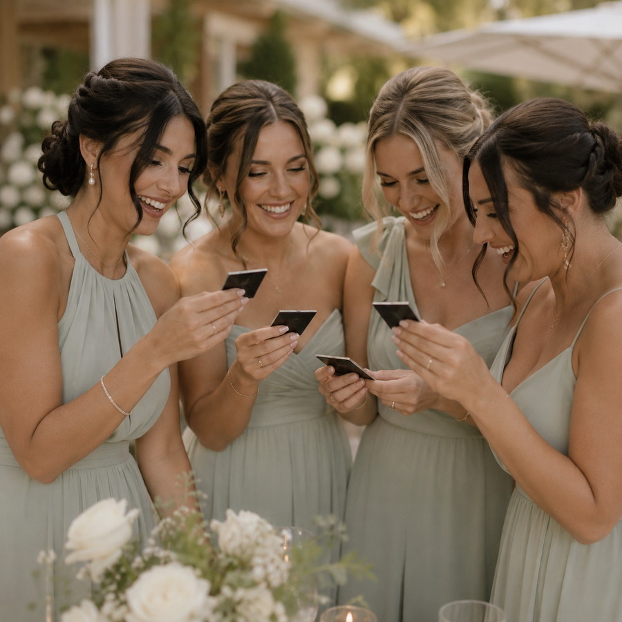 bridesmaids looking at photo magnets at a wedding reception