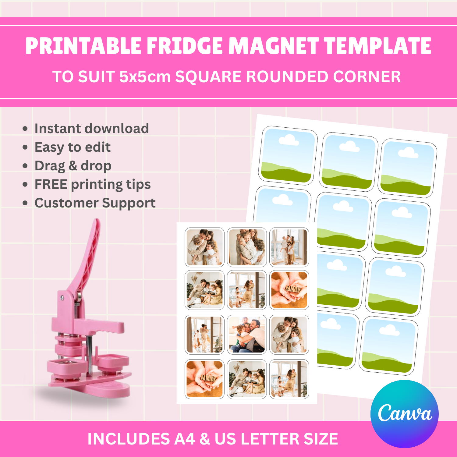 Canva Template | 50mm x 50mm Round Corner Square Press