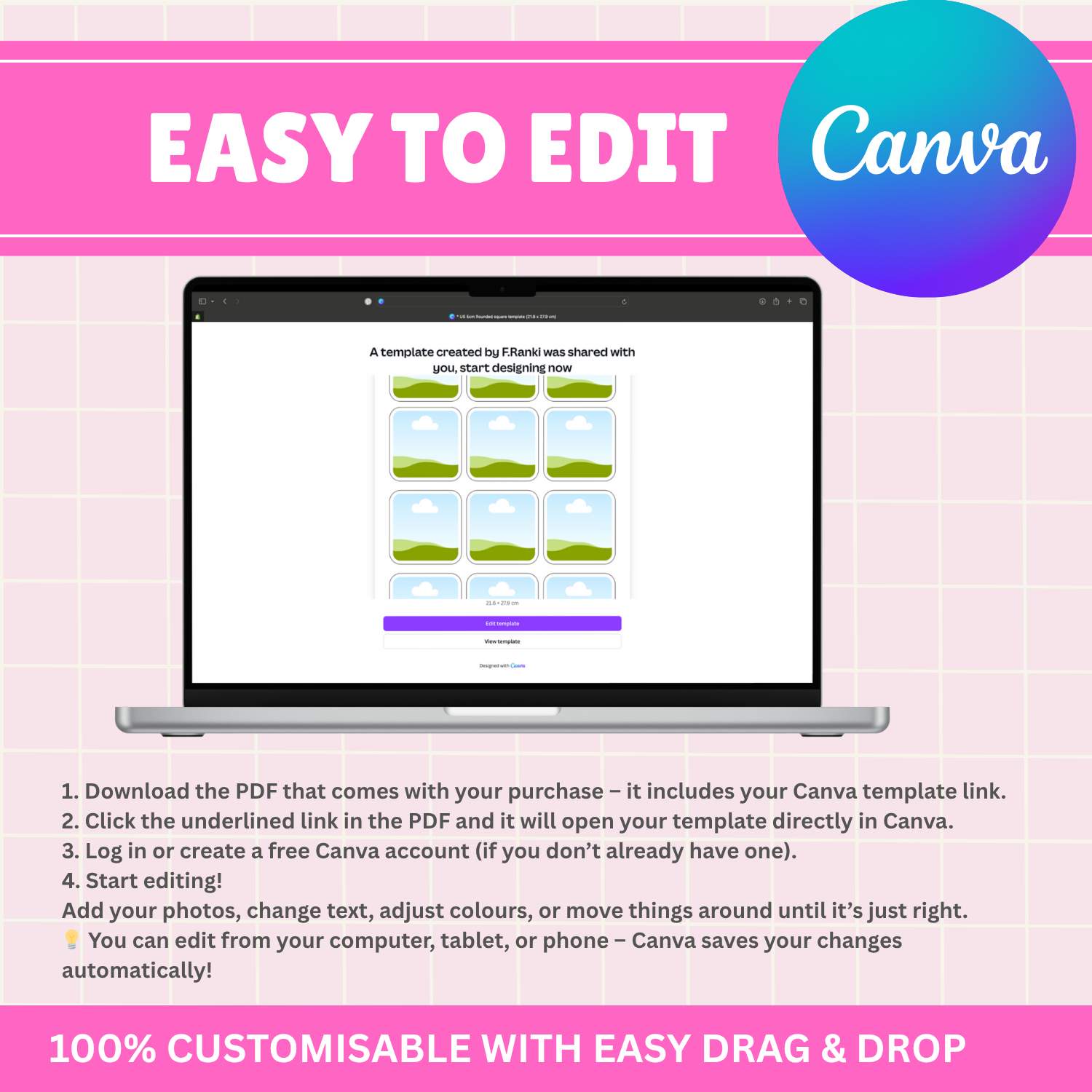 Canva Template | 50mm x 50mm Round Corner Square Press