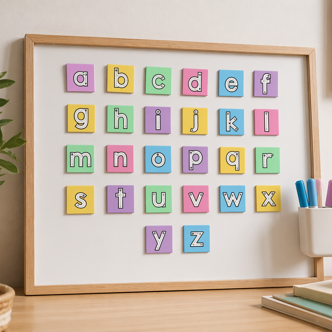 Framed alphabet letters on a wall with stationery items below