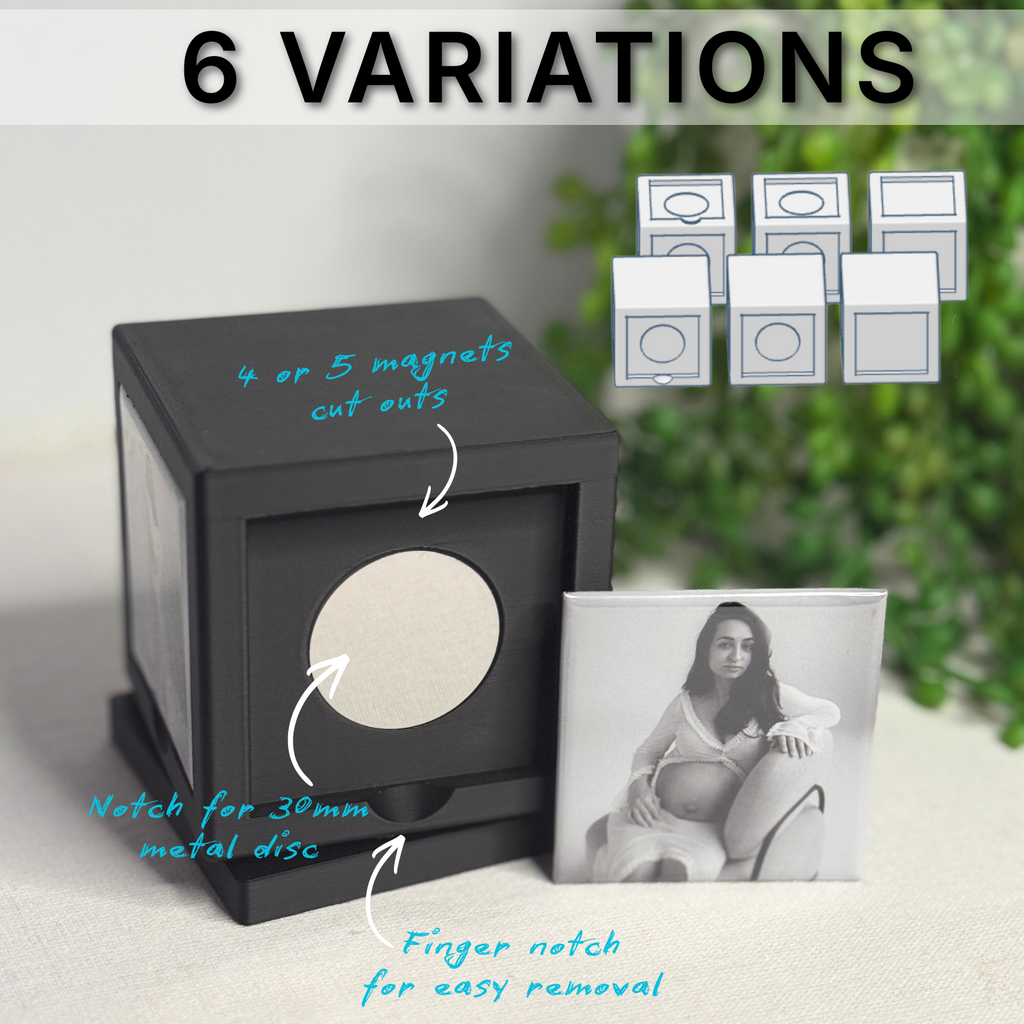 Black box with circular cutout, photo of a woman, and text indicating product features on a light background.