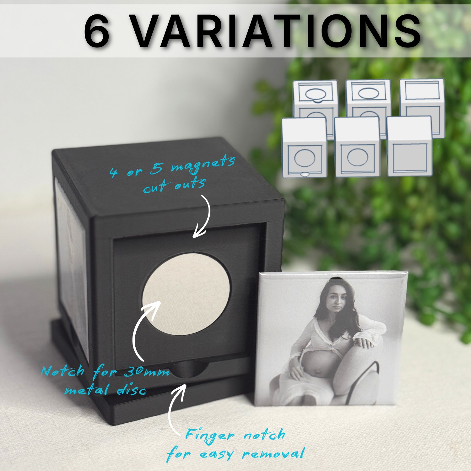 Black box with circular cutout, photo of a woman, and text indicating product features on a light background.