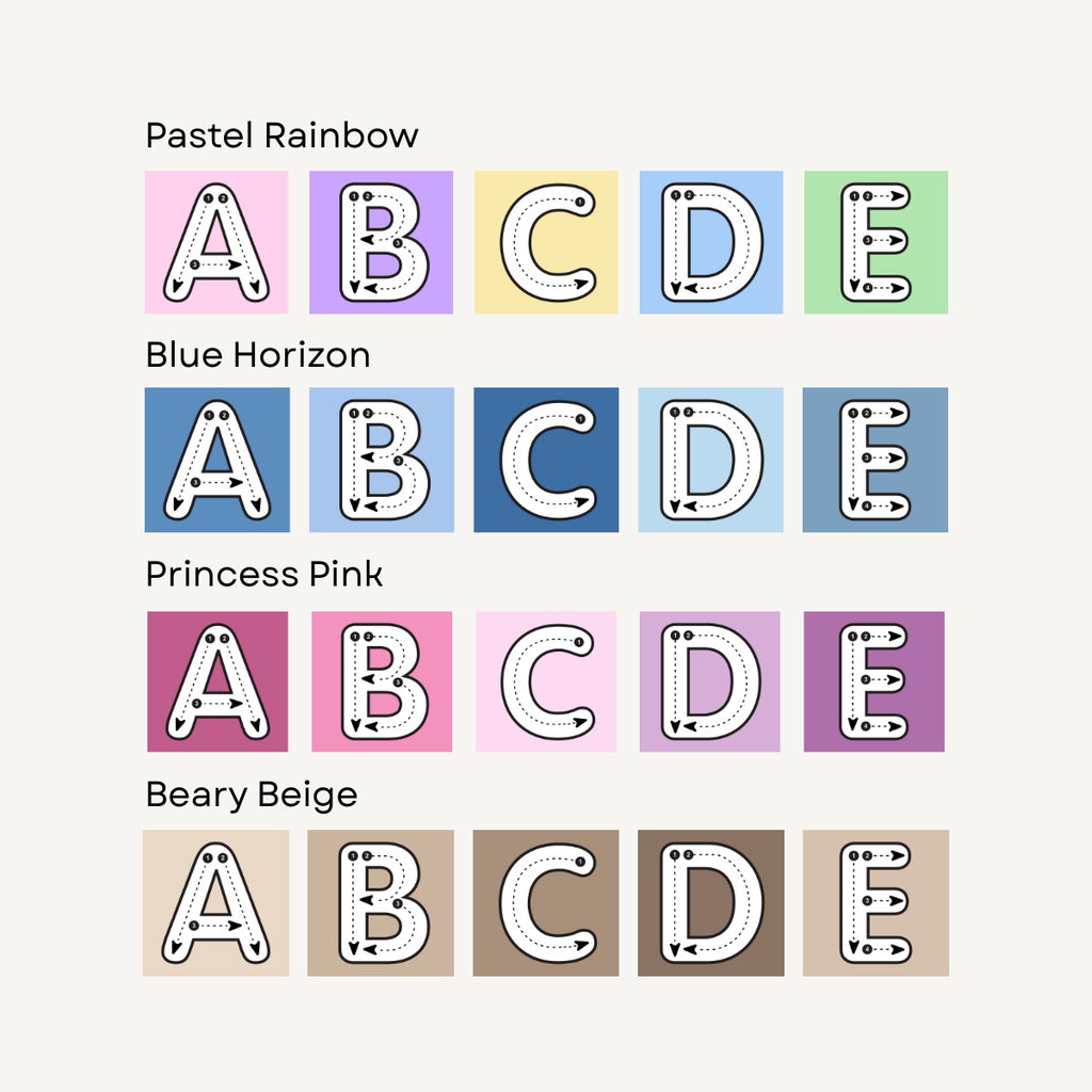 Set of colorful alphabet letters labeled 'Pastel Rainbow', 'Blue Horizon', 'Princess Pink', and 'Beary Beige' on a white background.