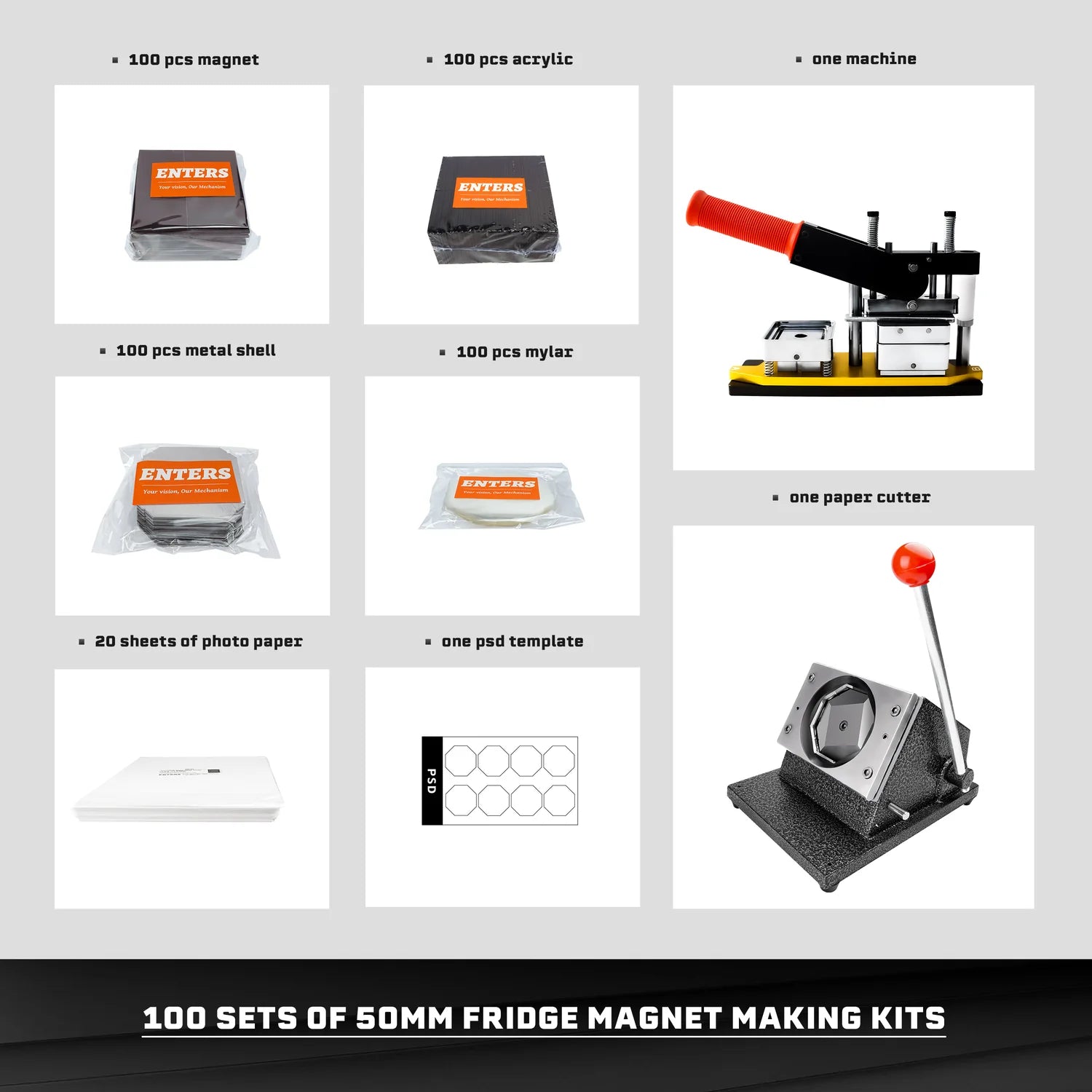 Enters 50mm Fridge Magnet Press + 100 materials