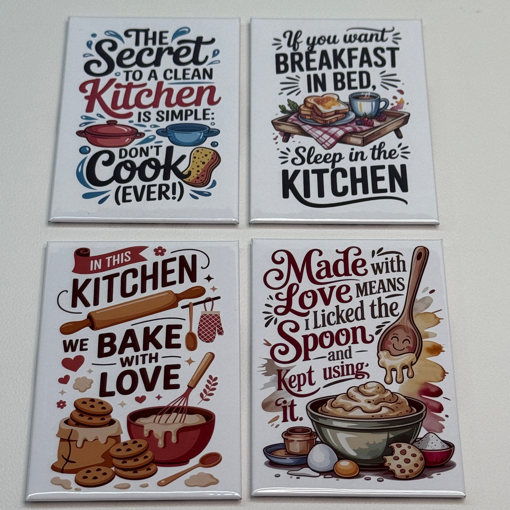 Four kitchen-themed magnets with decorative text and illustrations on a white background.