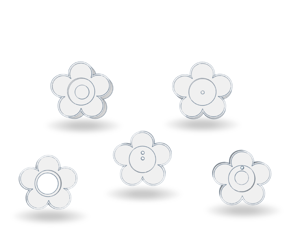 Set of five white flower-shaped earrings on a light gray background