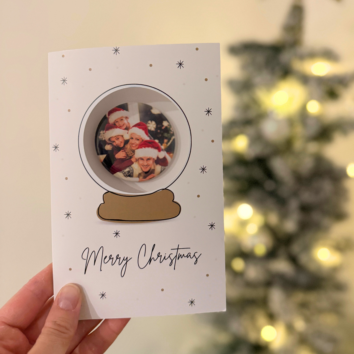 Personalise your Christmas card with a favourite photo. Includes a removable 58mm photo magnet they can keep and display on the fridge.