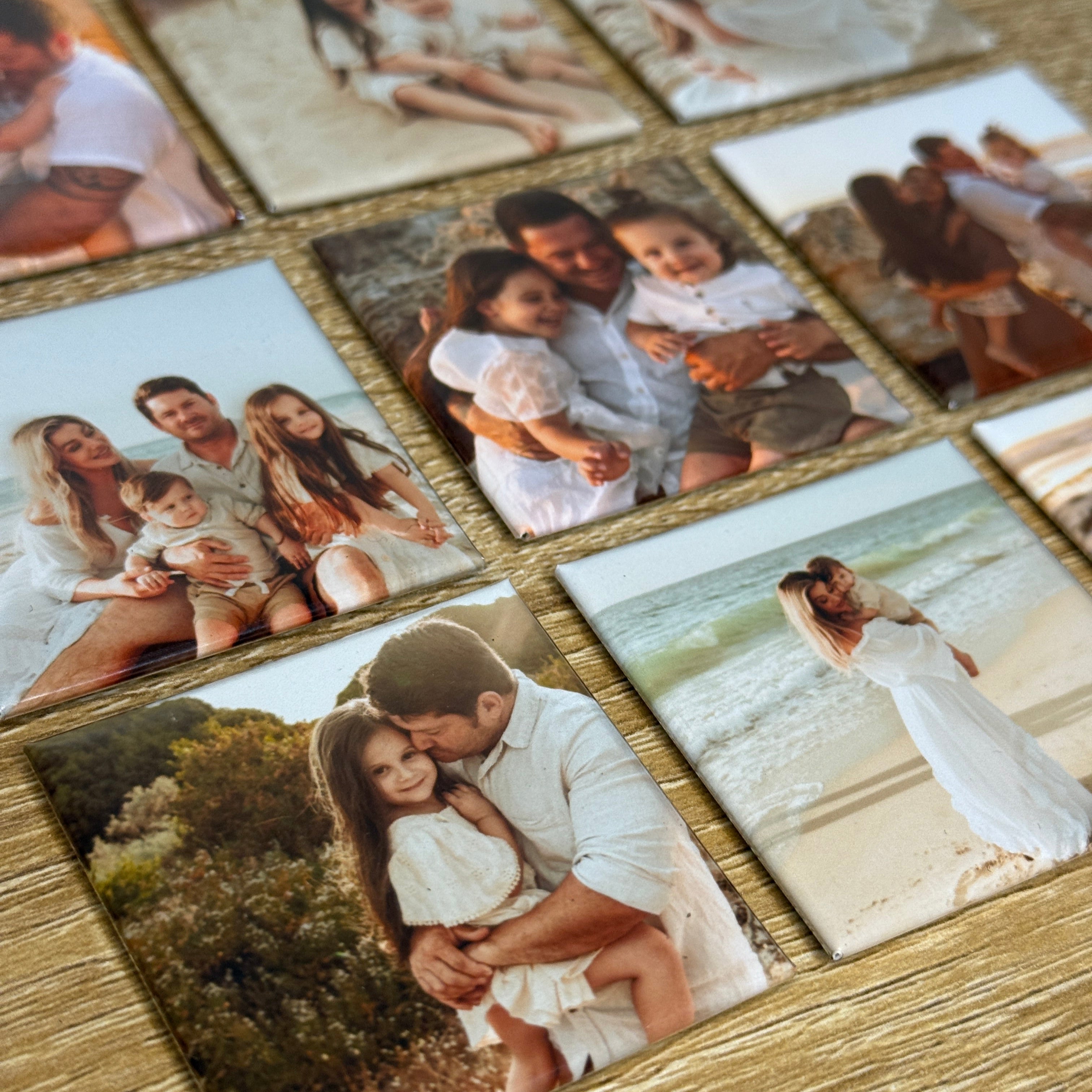 A collection of custom square photo magnets featuring family beach portraits and warm candid moments, handcrafted by Still Magnets for fridge display or keepsake gifts.