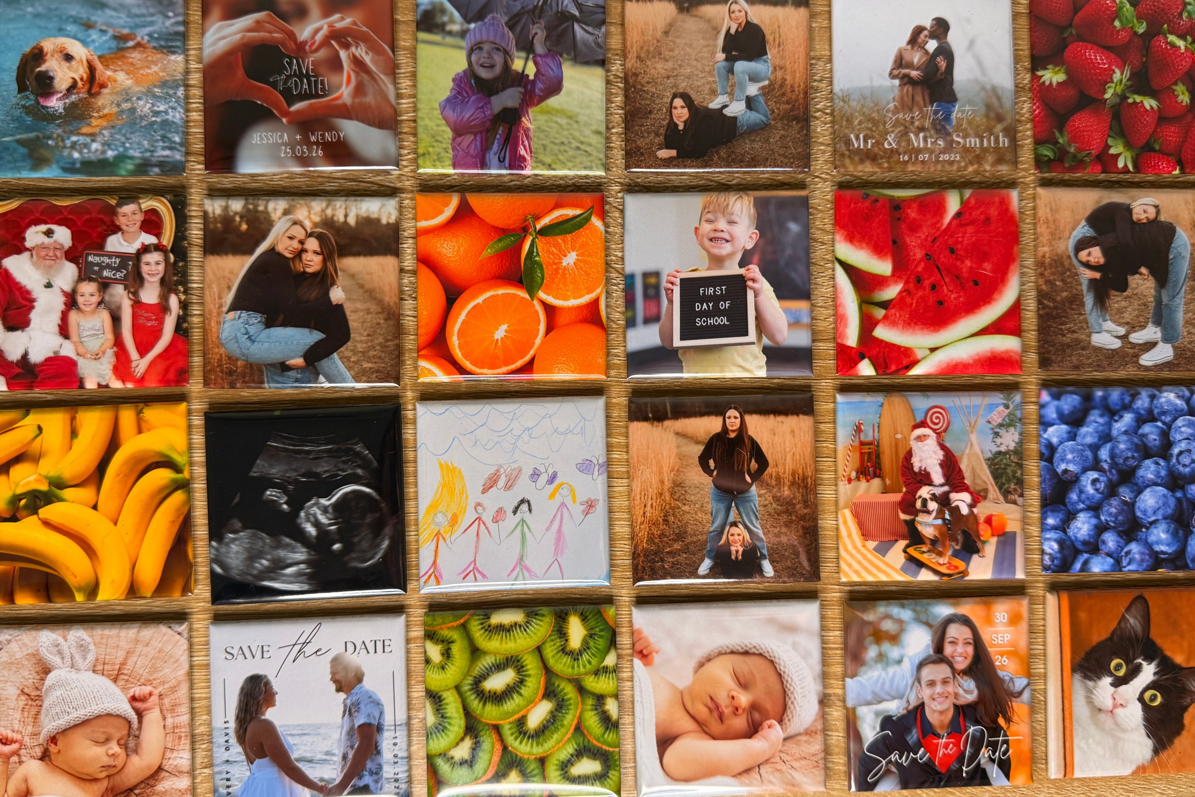 Collection of custom photo magnets featuring pets, weddings, kids, pregnancy scans, fruit and milestone moments – perfect personalised gift for her, fridge décor or memory keepsake.